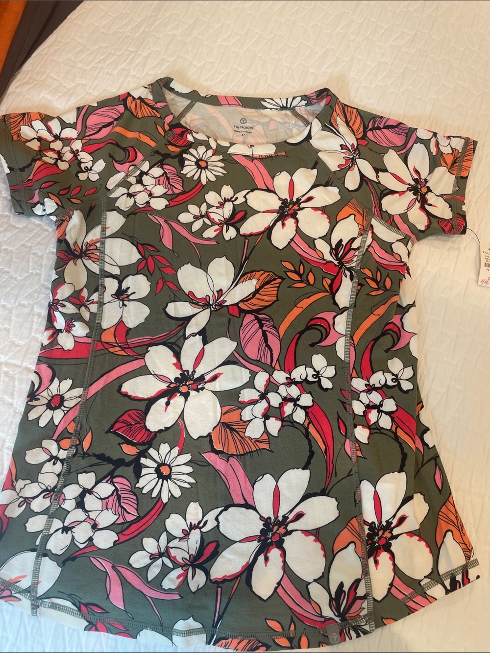 T by Talbots Olive Floral Short Sleeve Tee with Pink, Orange & White Blooms